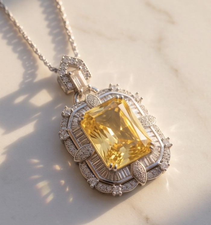 Art Deco - Baquette cut 35.5 carat YELLOW SAPPHIRE .925 Sterling Silver dipped in Rhodium handcrafted necklace - Close-up of Art Deco pendant with 35.5 carat yellow sapphire.