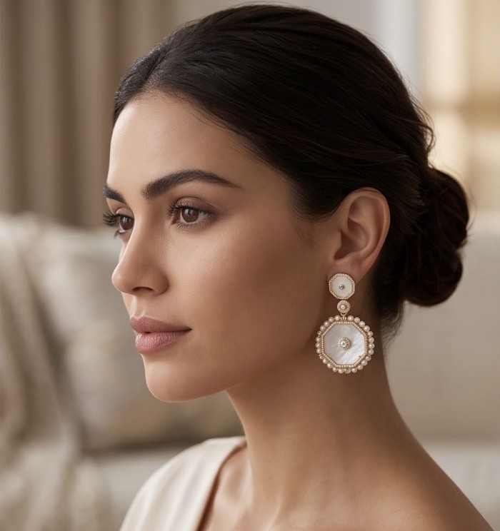 Large - Sublime Blister Pearl White Sapphire 18K Gold over .925 Sterling Silver handcrafted Earrings - Side view of model wearing large blister pearl earrings in gold setting