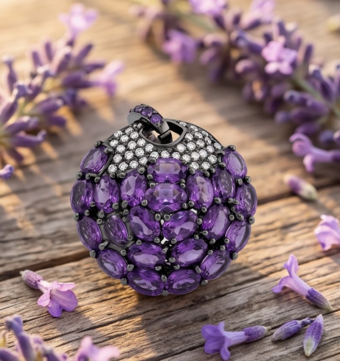 Mademoiselle - 18.5 carat natural Amethyst .925 Sterling Silver dipped in black rhodium handcrafted Pendant Brooch - Amethyst pendant close-up with floral background