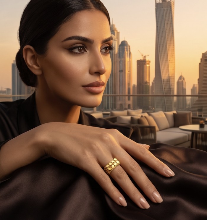 Dubai Style - .925 Sterling Silver dipped in 22K Gold handmade Large ring size 8 - Woman wearing gold ring with Dubai skyline in the background.