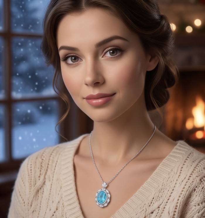 Brazilian's Briliance - oval cut 24.7 carat Paraiba Tourmaline .925 Sterling Silver handcrafted necklace - Worn Paraiba Tourmaline necklace with diamond halo in cozy setting.