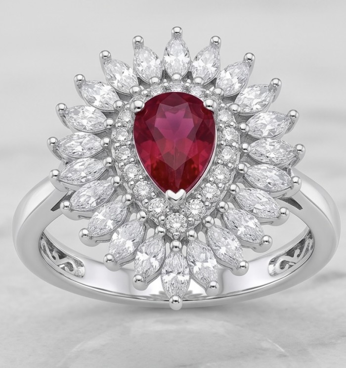 Exquisite 2.1 ctw Mozambique Ruby .925 Sterling Silver handcrafted Statement Ring size 7 - Close-up of ruby ring with halo design in sterling silver.