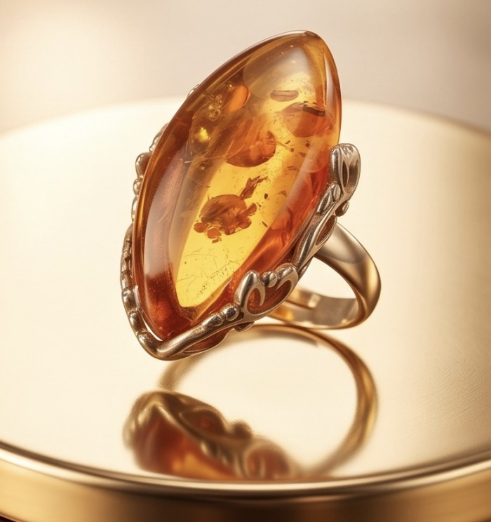 Serenity Natural Golden Baltic Amber 14K Gold over .925 Sterling Silver handmade Statement Ring size 7 - Amber ring close-up on reflective surface.