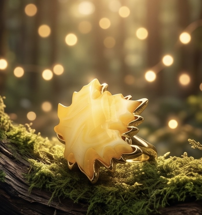 Vintage Style Authentic Golden Butterscotch Baltic Amber 18K Gold over .925 Sterling Silver entirely handcrafted ring; s. 8 ADJUSTABLE - Golden butterscotch amber ring on moss with bokeh lights, angled view