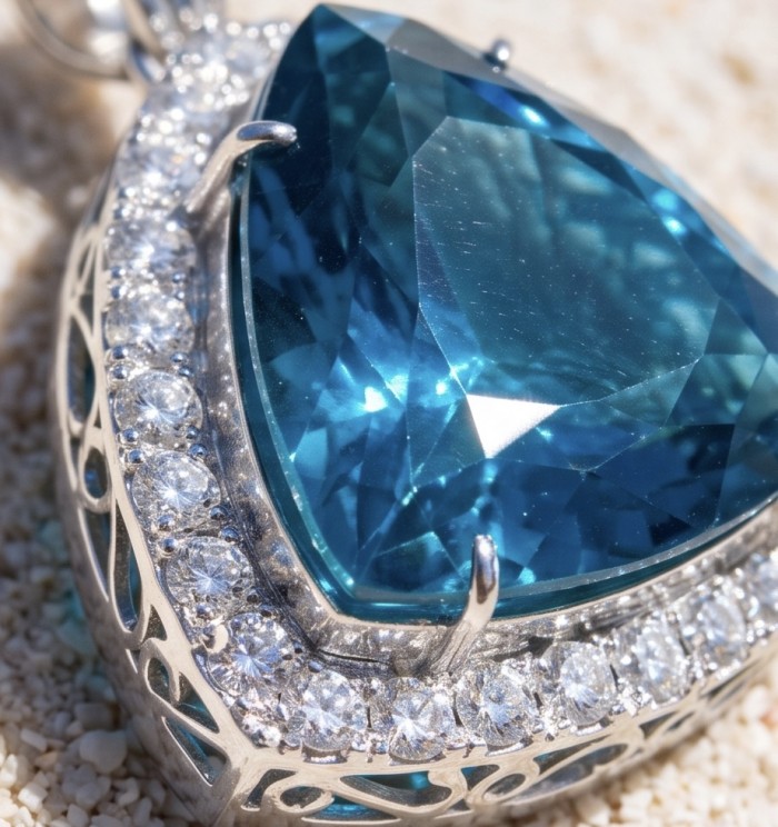 Rare finding! Deluxe 77.2 carat authentic Aquamarine .925 Sterling Silver handmade Statement Pendant - Close-up of aquamarine pendant with diamond accents.
