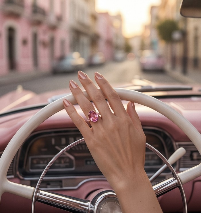 Pink Rhapsody Natural 21.6 carat Pink Sapphire .925 Sterling Silver dipped in 18K Rose Gold handmade Statement Ring size 8 1/4 - Pink Sapphire ring worn on hand, steering wheel in vintage car.