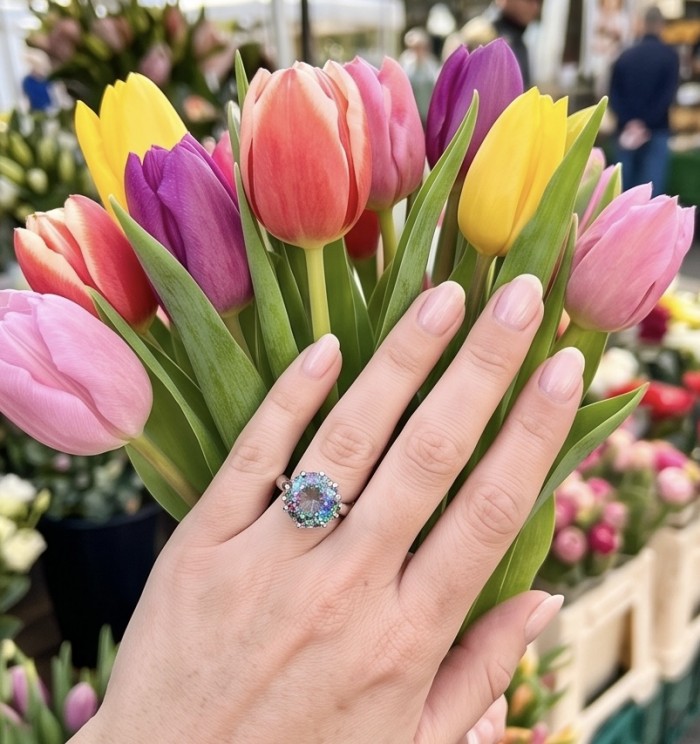 7.8 carat Brazilian Tourmaline .925 Sterling Silver Perfectly handcrafted Ring s. 6 - Tourmaline ring worn on hand holding colorful tulips.