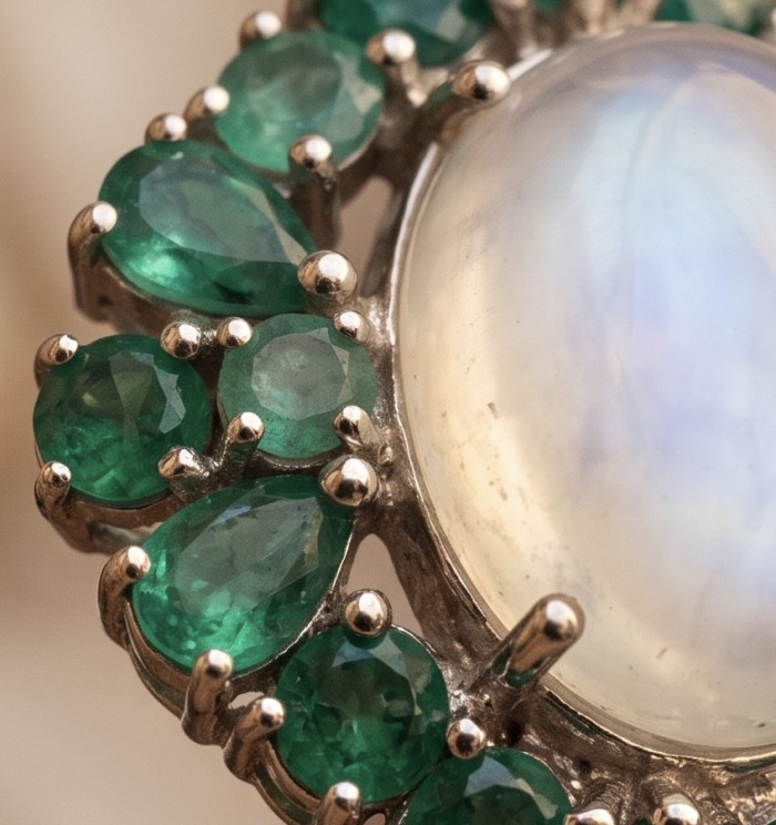 Rosemary - Top quality 17.8 carat Brazilian Rose Quartz .925 Sterling Silver dipped in rhodium Handcrafted pendant - Stone close-up of emerald and quartz ring.