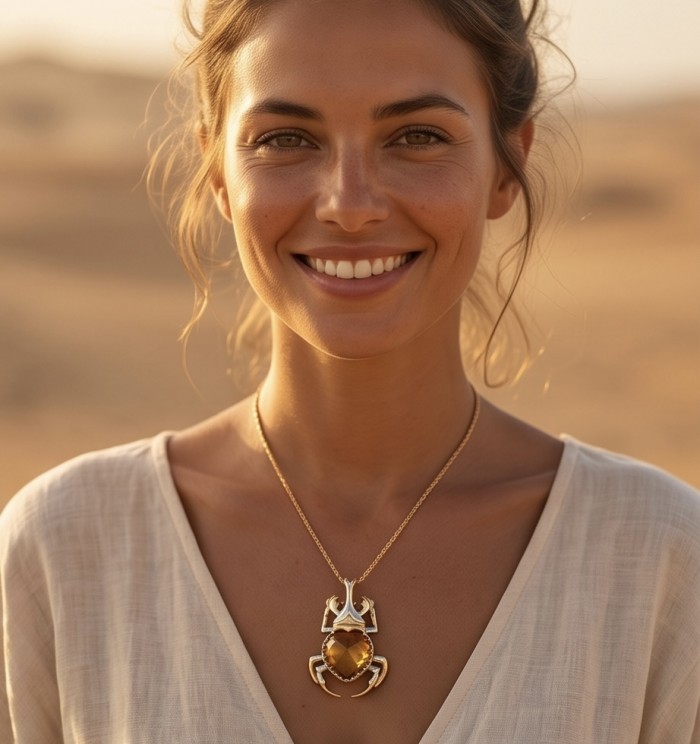 Authentic 15.9 catat Champagne Topaz Scarabaeus 18K Gold over .925 Sterling Silver handmade Pendant - Woman wearing Scarabaeus necklace with champagne topaz stone.