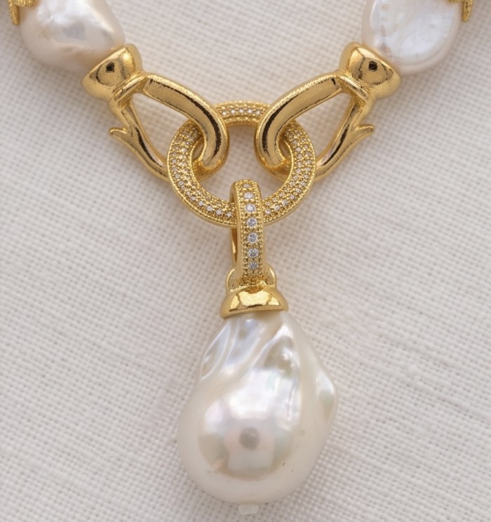 Luxurious Argentinian Pink Opal 14K Gold over .925 Sterling Silver handmade Necklace - Gold and pearl clasp detail on luxurious necklace with opal.