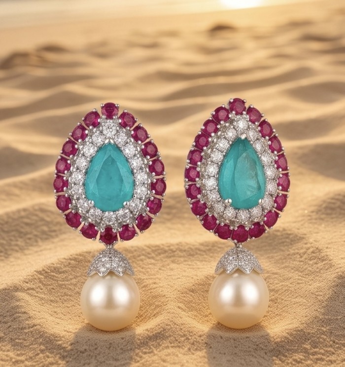 Classic Vintage Beauty - 10.5 carat Colombian Emerald 4.2 Ruby .925 Sterling Silver dipped in Rhodium handcrafted earrings - Close-up of earrings with emeralds, rubies, diamonds, and pearls.
