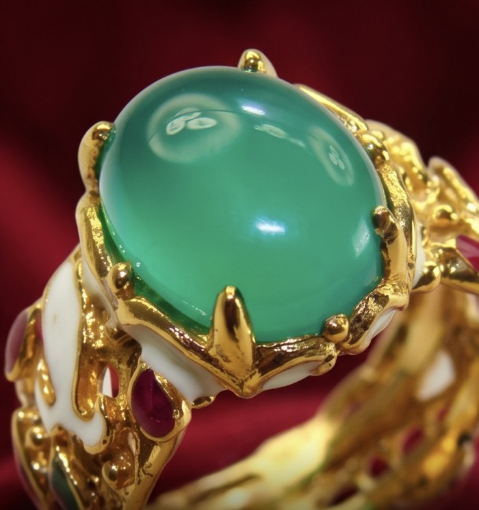 Magnificent 939 carat Natural Ruby Emerald Enemel 18K Gold over . 925 Sterling Silver handcrafted Statement Ring size 7 - Close-up of a gold ring with emerald and enamel accents.