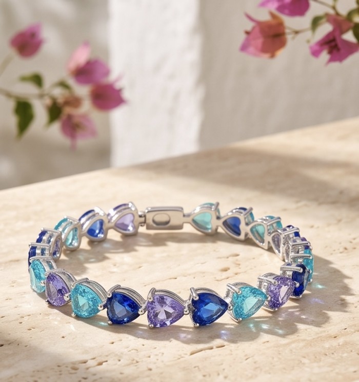 14.8 carat yellow Sapphire Apatite Amethyst 9.2 carat Sapphire black rhodium over over .925 Sterling Silver handmade bangle Bracelet - Gemstone bracelet on a table, showcasing vibrant colors and clasp detail.