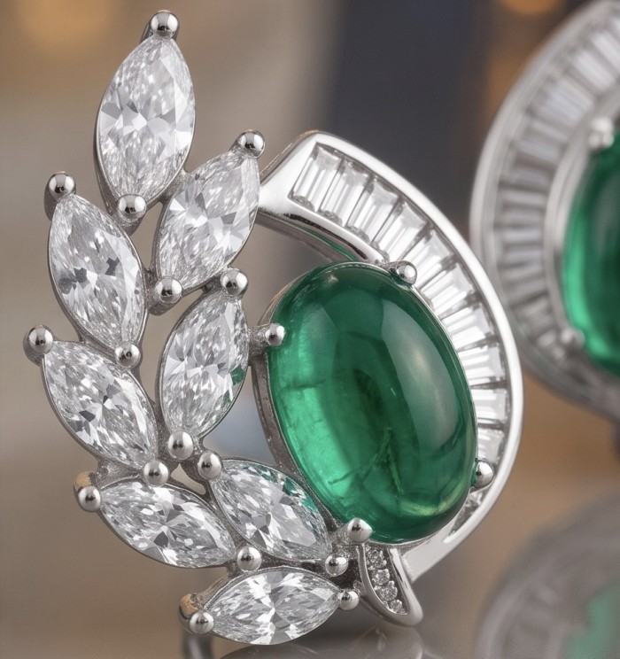 Luxurious - 7.2 carat Colombian Emerald .925 Sterling Silver dipped in rhodium handmade Statement Earrings - Emerald and diamond close-up, 7.2 carat Colombian in sterling silver.