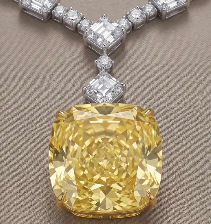 Iconic design - RARE BEAUTY - Valentina 108.2 carat asscher cut Yellow Sapphire .925 Sterling Silver dipped in rhodium Statement Necklace - Close-up of Valentina 108.2 carat yellow diamond necklace front view