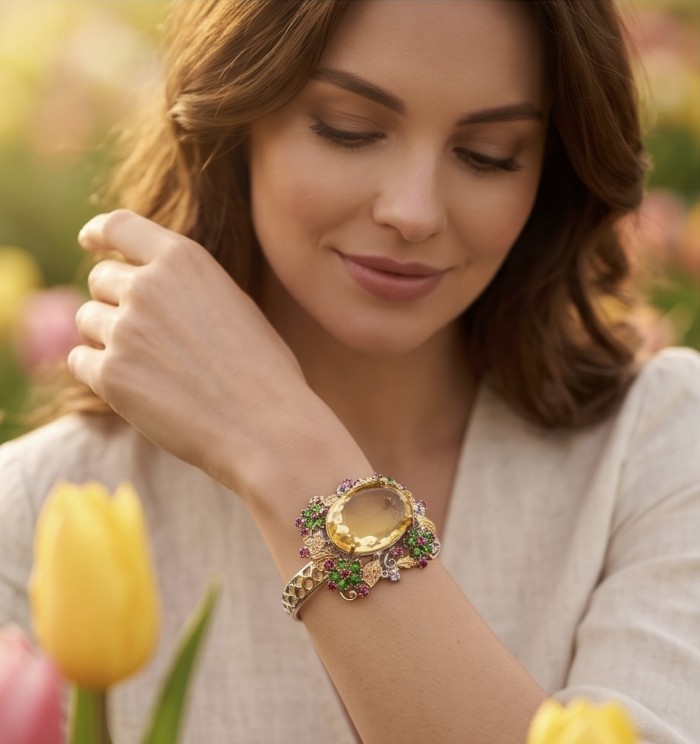 Marie Antoinette's Style - Authentic 28.9 carat Brazilian Citrine .925 Sterling Silver dipped in 18K Gold handcrafted Bracelet - Woman wearing bracelet with 28.9 ct Brazilian stone, garden background.