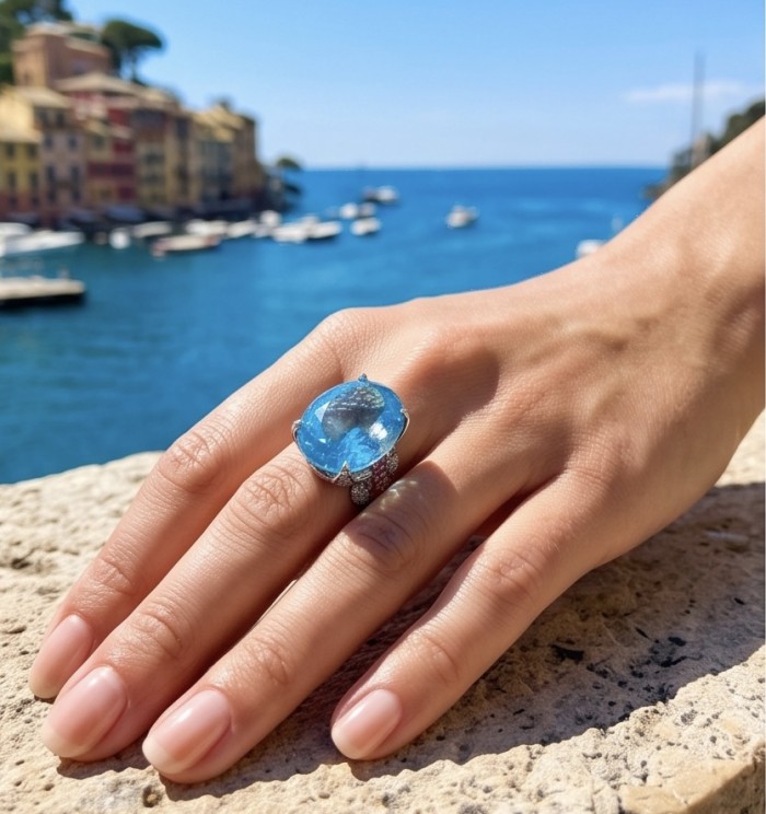 Pacifica - Authentic 30.8 carat Swiss Blue Topaz Rhodium over .925 Sterling Silver handcrafted Large Statement ring size 7 1/4 - Hand wearing the Pacifica 30.8 carat Swiss Blue Topaz ring by the sea.