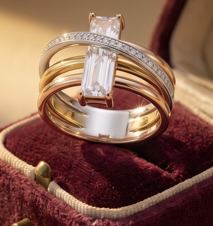 Extravaganza - Authentic 4.5 CARAT natural Moissanite 3 tones .925 Sterling Silver dipped in rhodium handcrafted Ring size 8 - Moissanite ring close-up showing 3-tone band and stone setting.