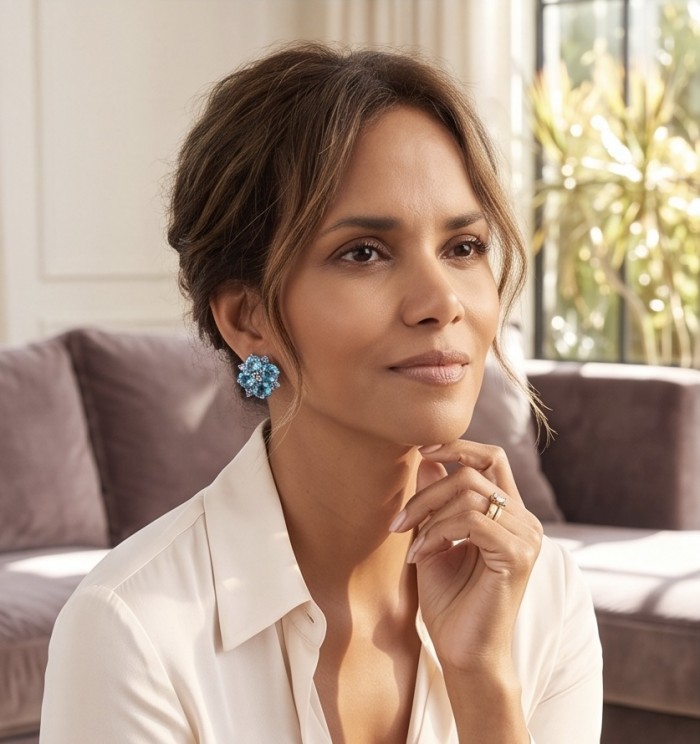 Petal 4.7 carat Swiss Blue Topaz .925 Sterling Silver Handcrafted earrings - Woman wearing Petal earrings, side view showing blue topaz detail.
