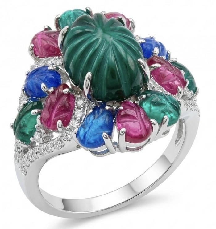 Giovanna 15.5 carat Emerald Ruby Sapphire rhodium over .925 Sterling Silver handcrafted ring size 7 1/2 - Close-up of Giovanna ring with emerald, ruby, sapphire stones