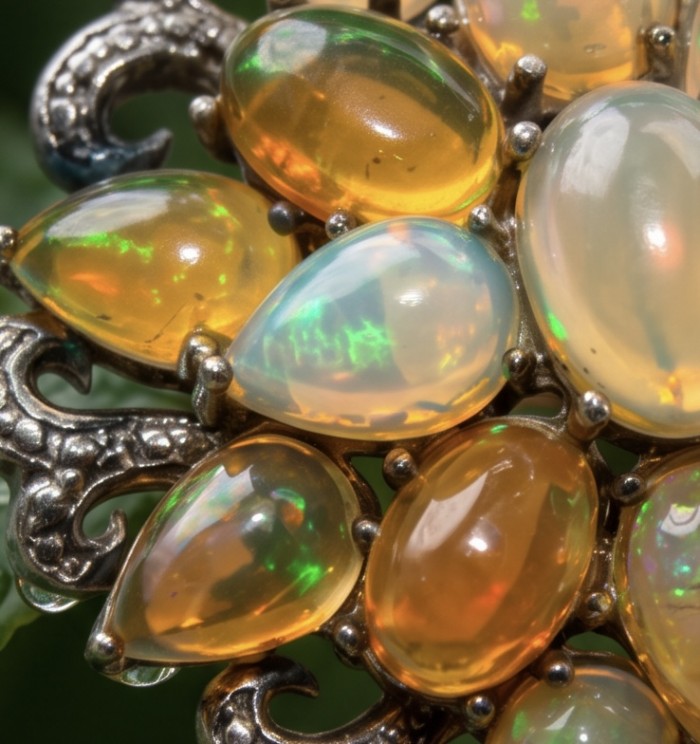 Black Label Collection Genuine 24.8 carat Fire Ethiopian Opal .925 Sterling Silver dipped in rhodium handmade Pendant - Brooch - Stone close-up of Fire Ethiopian Opal jewelry with metal detailing.