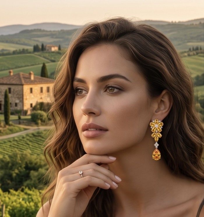 Francesca - Luxurious 28.5 carat Natural Citrine rhodium over .925 Sterling Silver handcrafted Statement earrings - Woman wearing Francesca Citrine earrings against scenic vineyard backdrop.