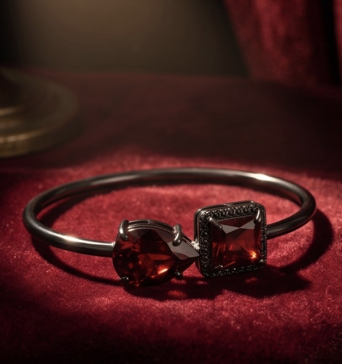 Precious Genuine 8.7 carat Garnet .925 Sterling Silver dipped in black rhodium handcrafted Bracelet - Bracelet with garnet stones on red velvet background, side view.
