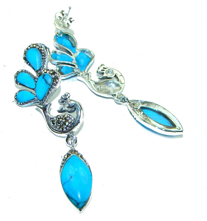 Great authentic inlay Turquoise .925 Sterling Silver handcrafted Earrings - photo 1