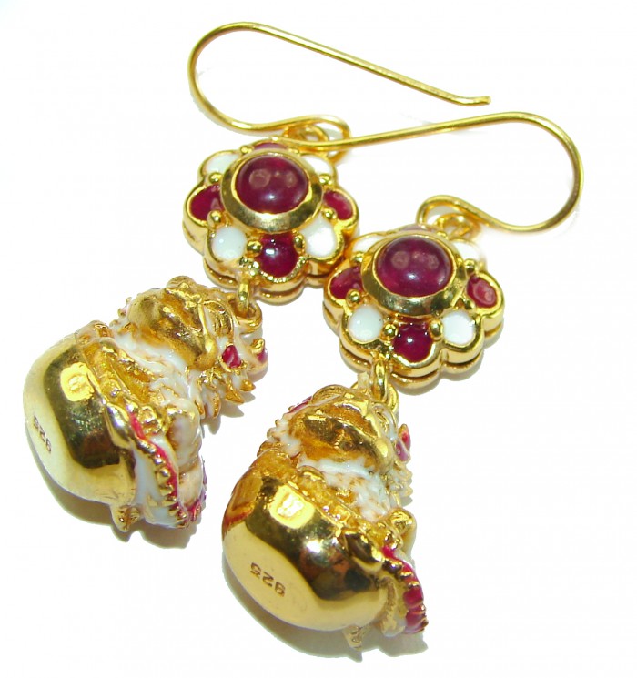 Golden Chipmunks Genuine Ruby Enamel 14K Gold over .925 Sterling Silver handcrafted Earrings - photo 3