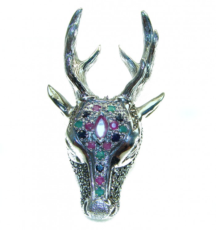 Unisex - Large Deer Head Authentic Ruby Marcasite .925 Sterling Silver handmade Ring size 7 - Front view of silver deer head jewelry with ruby and marcasite detail.