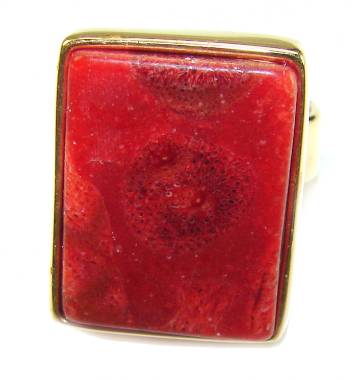 Bochic Style Natural Fossilized Coral .925 Sterling Silver handmade ring s. 8 adjustable - Close-up of Bochic fossilized coral ring in sterling silver.