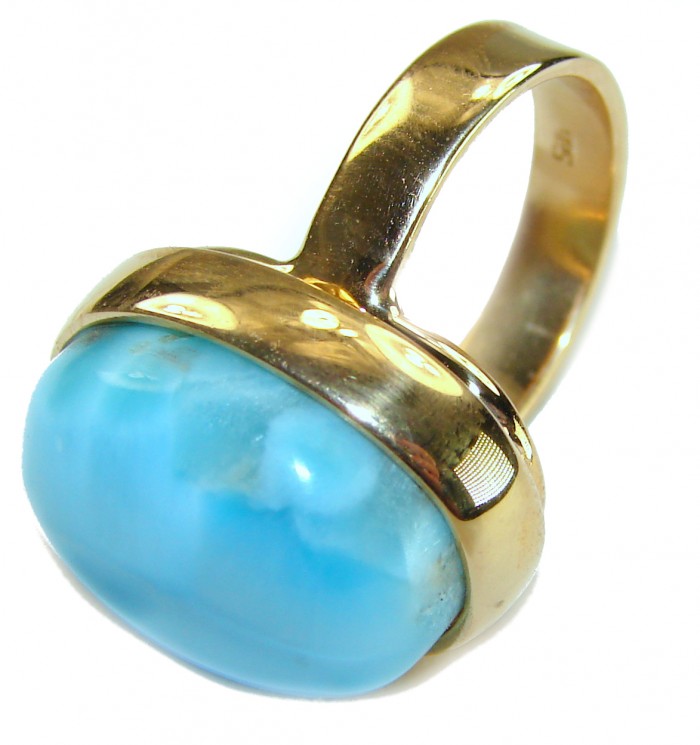Blue Perfection AAAA QUALITY Blue Larimar 18K Gold over .925 Sterling Silver handmade Large ring size 8 adjustable - Blue Larimar 18K gold ring, side view, showcasing stone and gold band.