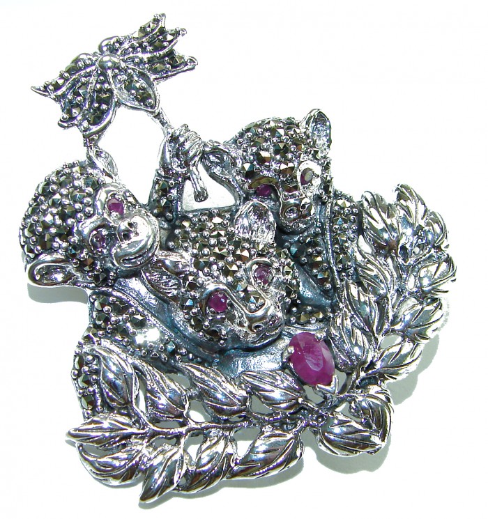 Three Monkeys - Spectacular - Ruby Marcasite .925 Sterling Silver handmade Brooch - Close-up of Three Monkeys ruby marcasite sterling silver brooch