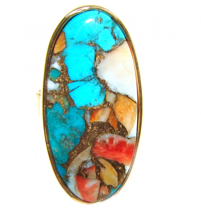 Rare 29.5 carat Oyster Turquoise 18K Gold over .925 Sterling Silver handcrafted Large ring; s. 7 adjustable - Oyster turquoise 18K gold ring close-up, showing vibrant stone details.