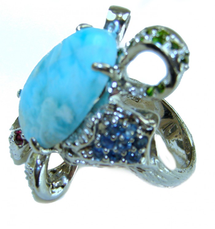 Blue Beauty AAAA QUALITY Blue Larimar .925 Sterling Silver handmade Large ring size 8 - Side view of Blue Larimar in sterling silver setting with green accents.