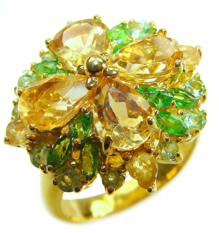 Victoria Authentic - Natural 10.2 carat Brazilian Citrine .925 Sterling Silver dipped in 18K Gold handmade Statement Ring size 8 1/4 - Close-up of ornate ring with Brazilian citrine and green stones.
