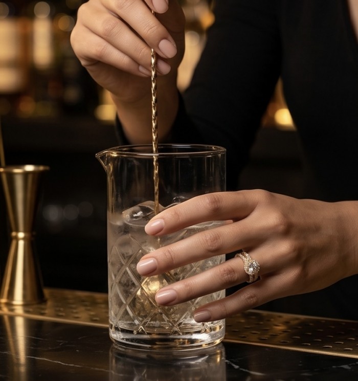 Precious Natural 3.4 carata White Topaz 18k Gold over .925 Sterling Silver ring size 8 - Ring with white topaz on hand mixing drink, focus on stone and setting.