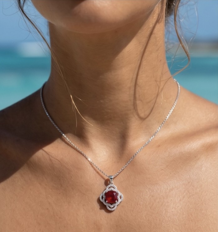 Authentic 6.5 CARAT Ruby .925 Sterling Silver Pendant - Pendant detail, worn on neck, ruby sterling silver.