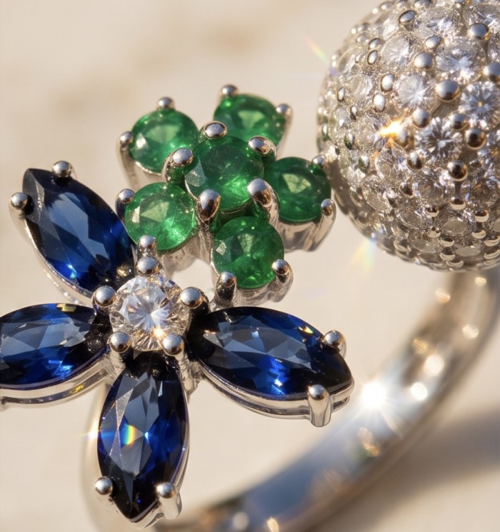 Floral design 7.8 carat natural Colombian Emerald 2.3 carat Moissanite .925 Sterling Silver handmade Statement Ring size 6 3/4 - Close-up of floral ring with emeralds and blue stones