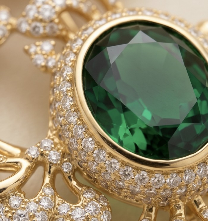 Ultimate Treasure - floral design- 7.2 CARAT Emerald .925 Sterling Silver dipped in 22K Gold handcrafted Pendant Brooch - Stone close-up of Ultimate Treasure floral design emerald jewelry.