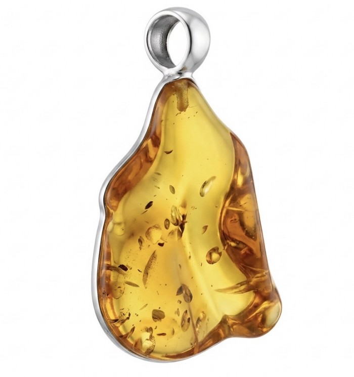Prehistoric Authentic Golden Baltic Amber .925 Sterling Silver beautifully handcrafted Pendant - Close-up of amber pendant with sterling silver setting.