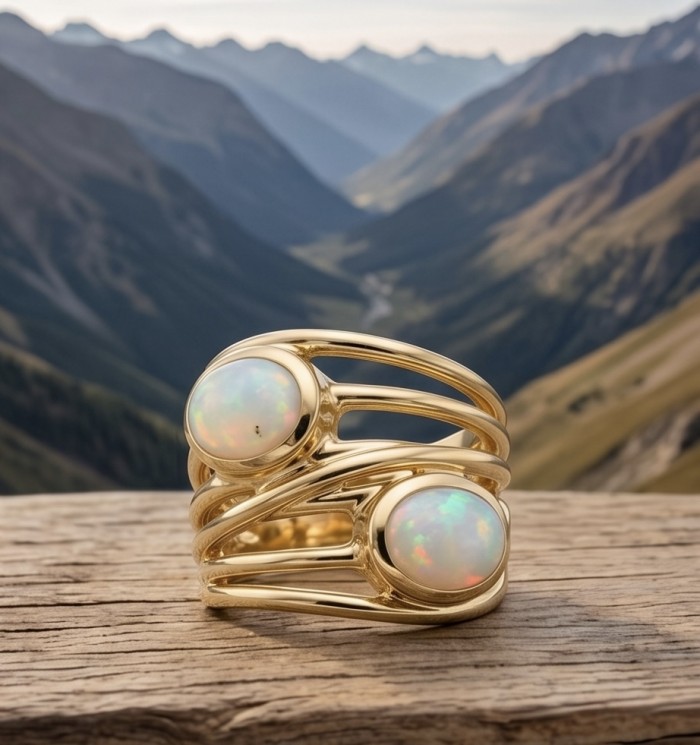 Golden Galaxy Genuine 5.8 carat Ethiopian Opal 14K Gold over .925 Sterling Silver handmade Ring size 7 - Golden Galaxy opal ring on wood with mountain backdrop, front view.
