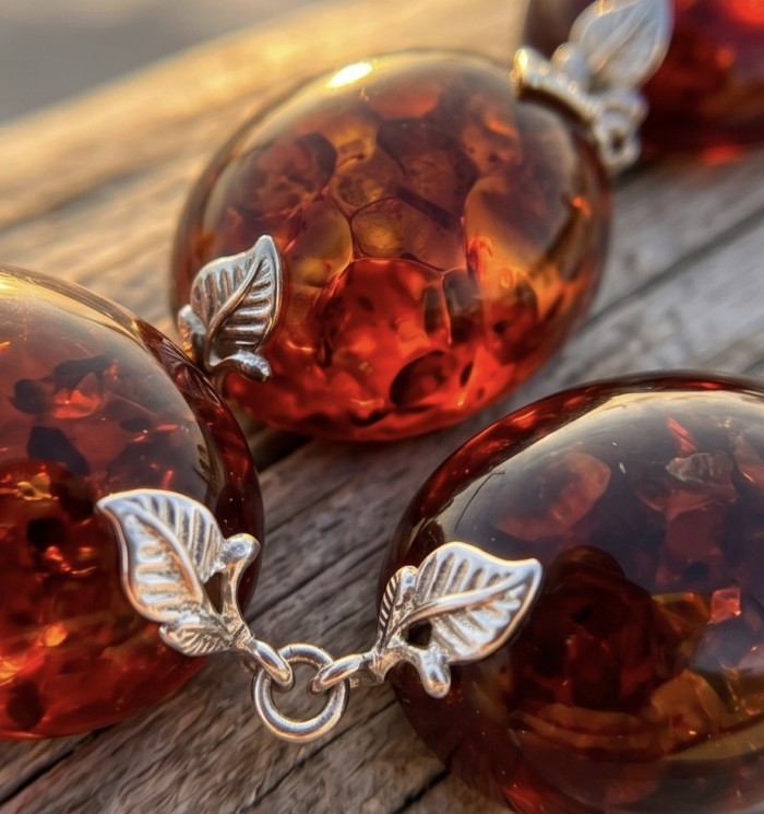 Excellent quality Cognac color Baltic Amber .925 Sterling Silver entirely handcrafted Bracelet - Close-up of Cognac Baltic Amber with silver leaf detailing.
