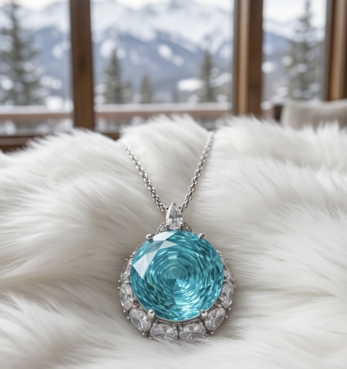 Rose of the Sea 18.8 carat fancy cut Paraiba Tourmaline Moissanite .925 Sterling Silver Handcrafted Statement necklace - Close-up of Rose of the Sea Paraiba Tourmaline pendant on fur background