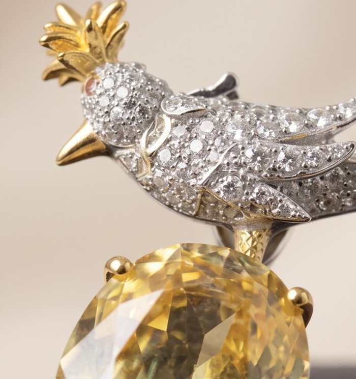 Bird on a Rock - Iconic design- Genuine 28.5 carat yellow Sapphire 18K Gold over .925 Sterling Silver handmade Pendant - Brooch - Close-up of bird design with yellow gemstone, detailed view.