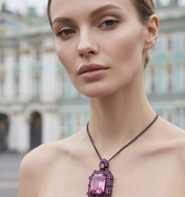 Anastasia 20.7 carat Pink Sapphire black rhodium over .925 Sterling Silver Handcrafted Statement necklace - Pink sapphire necklace close-up, worn by a model, front view.