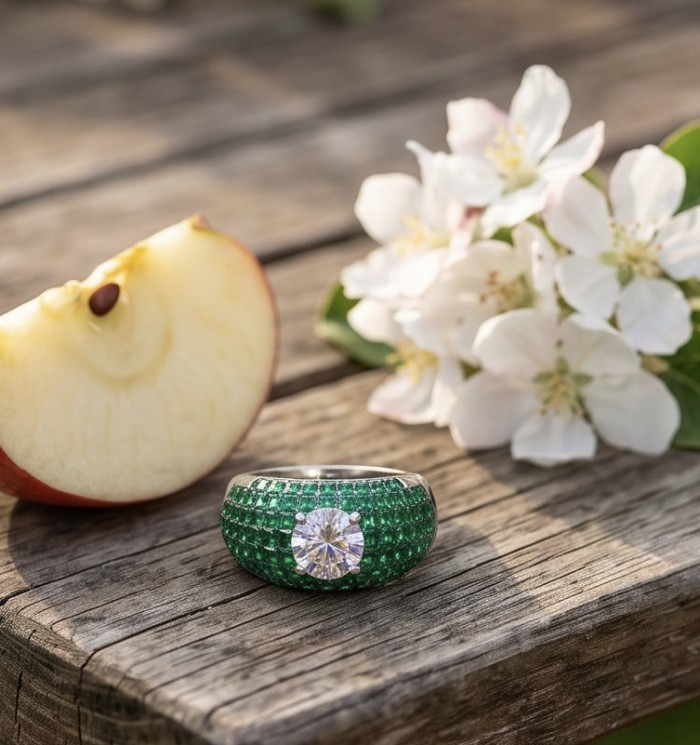 Born to Glam mystery setting 14.2 carat natural Emerald .925 Sterling Silver Perfectly handcrafted Ring s. 7 - Close-up of Born to Glam emerald ring with apple and flowers background