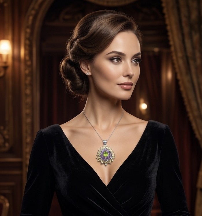Isabel Authentic 11.2 carat Peridot from Arizona .925 Sterling Silver handmade pendant - Woman wearing Isabel 11.2 carat Peridot necklace, elegant side profile