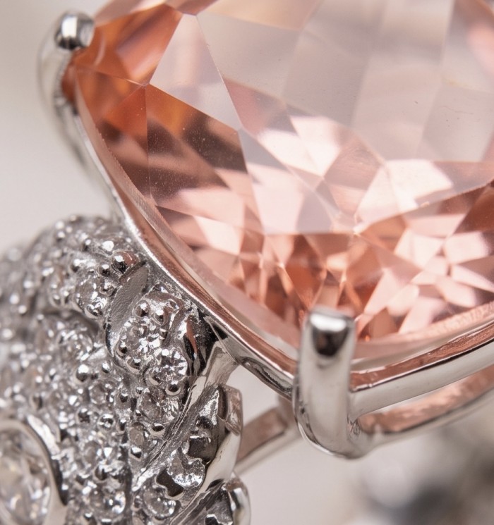 Authentic emerald cut 12.2 carat volcanic Morganite 14K White Gold over .925 Sterling Silver ring s. 6 - Close-up of cushion cut volcanic Morganite with diamond accents