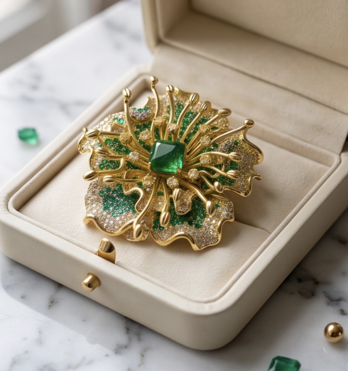 Nature-inspired piece - Amazonia - Green Rose - Genuine 42.5 carat Emerald 14K Gold over .925 Sterling Silver handmade Pendant - Brooch - Gold and emerald flower brooch in an open jewelry box, top view.